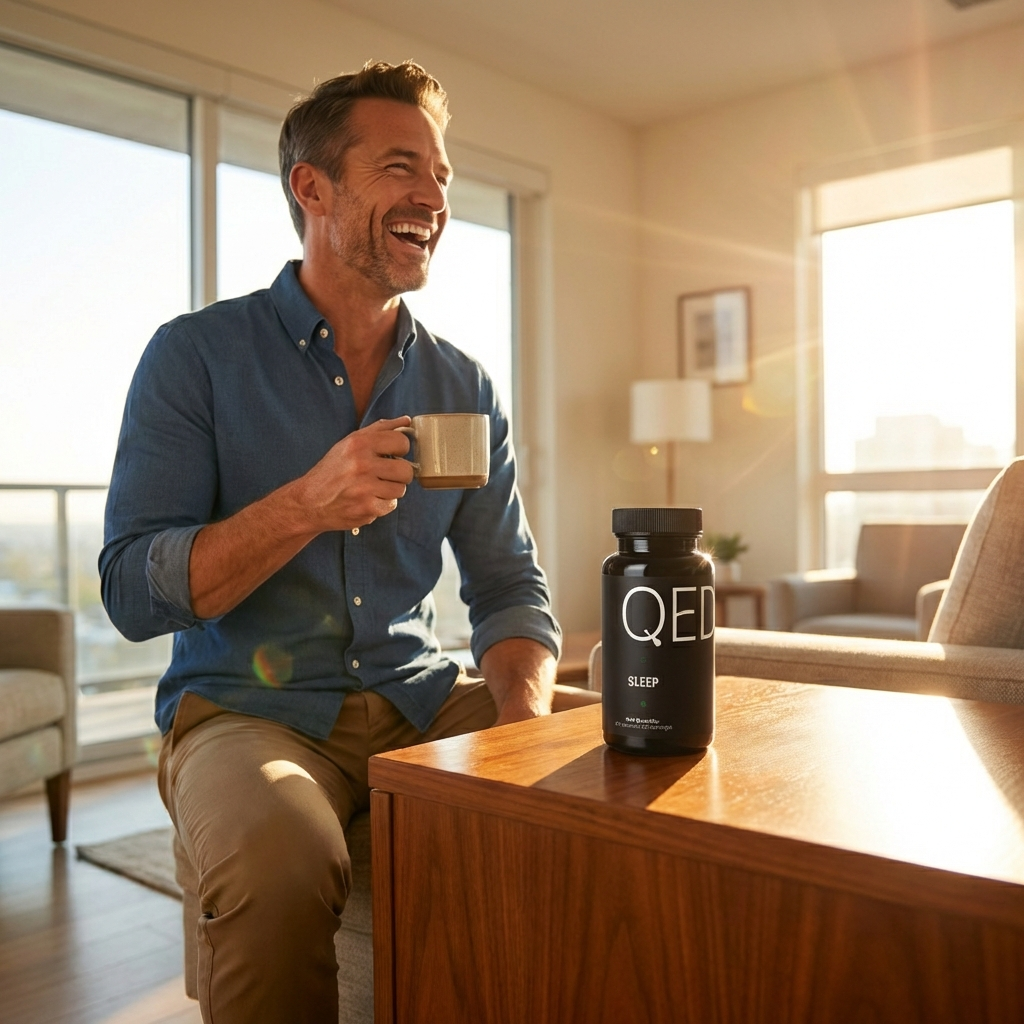 QED Sleep Supplement - Man Waking Up Refreshed and Happy
